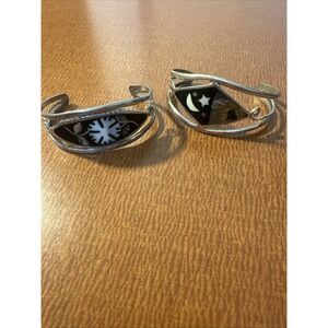 2 Mexico Stamped Flower, Moon & Stars Cuff Bracelets Alpaca